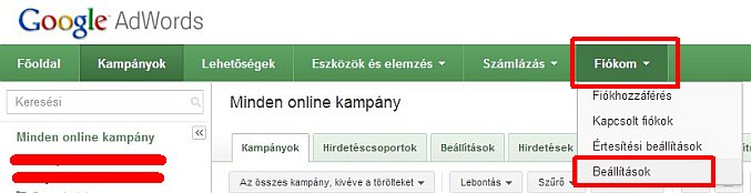 Google Adwords - fiókom - beállítások.jpg